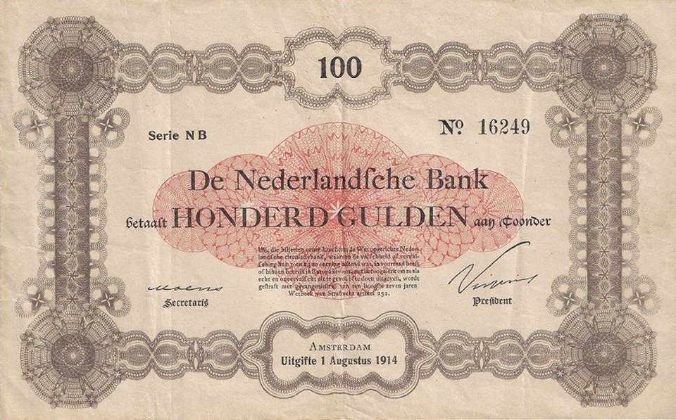 Een zeldzaam en uniek 100 Gulden bankbiljet gedateerd op 1 augustus 1914